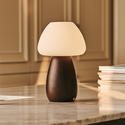Lampe à poser sans fil - Bois brun et verre givré